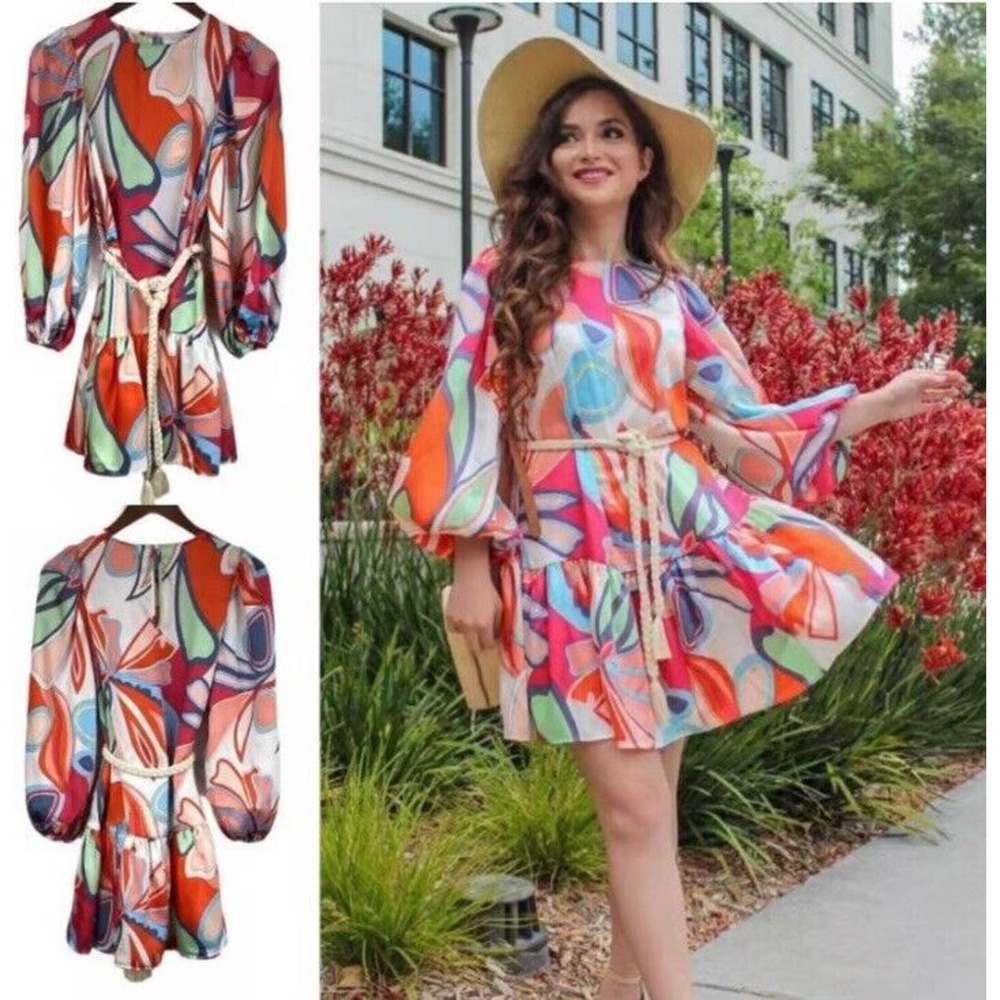 ALEXIS Satin Mini Balloon Sleeve Belted Dress Sz S